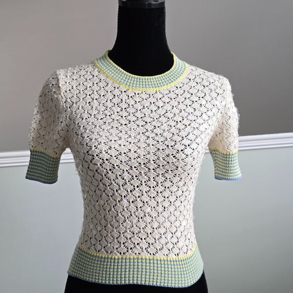 J. Crew S/S Clear Sequin Pointelle Sweater Tee with Striped Trim Size XXS NWT - Picture 6 of 10